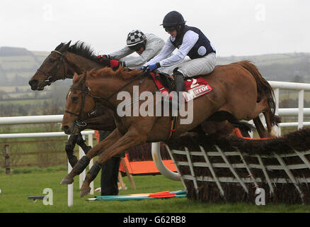 Morning Assembly under Jockey Davy Condon (links) springt als letzter vor Inish Island unter Jockey Paul Townend während der Irish Daily Mirror Novice Hürde während des Boylesports Day beim Festival 2013 auf der Punchestown Racecourse, Co Kildare, Irland. Stockfoto