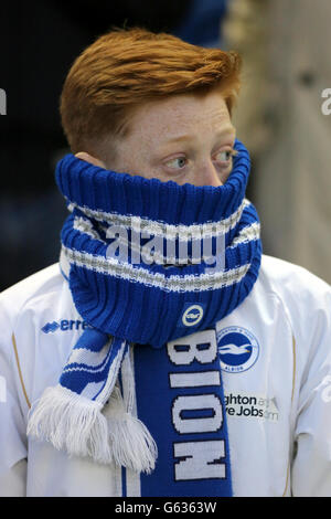 Ein Fan von Brighton und Hove Albion trägt einen Schal Sein Gesicht Stockfoto