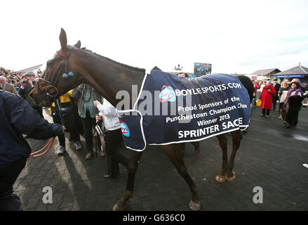 Sprinter Sacre nach dem Sieg über Sizing Europe bei der Champion Chase Boylesports.Com während des Boylesports Day beim Festival 2013 auf der Pferderennbahn in Punchestown, Co Kildare, Irland. Stockfoto