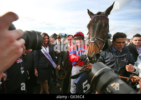 Sprinter Sacre und Jockey Barry Geraghty feiern den Sieg über Sizing Europe beim Champion Chase Boylesports.Com während des Boylesports Day beim 2013 Festival auf der Punchestown Racecourse, Co Kildare, Irland. Stockfoto