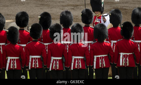 Der Präsident der Vereinigten Arabischen Emirate, Sheik Khalifa bin Zayed Al Nahyan, inspiziert eine Ehrenwache, die aus Mitgliedern des 1. Bataillons Welsh Guards besteht, im Viereck von Windsor Castle, als er einen Staatsbesuch in Großbritannien beginnt. Stockfoto