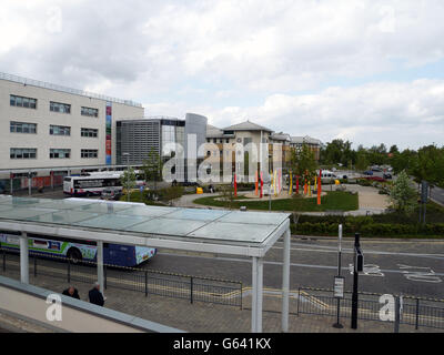 Allgemeine Ansicht des Haupteingangs zum Broomfield Hospital, in Broomfield, in der Nähe von Chelmsford, Essex. Stockfoto