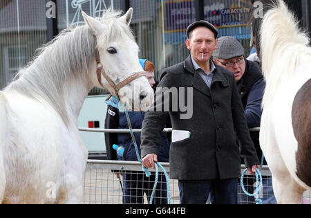 Pferdehändler in der Hauptstraße von Ballyclare in Co Antrim während der Mai Pferdemesse. Stockfoto