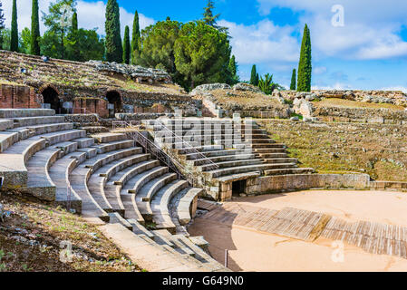 Das Amphitheater von Mérida, Anfiteatro de Mérida, ist ein zerstörten römische Amphitheater befindet sich in die römische Kolonie von Emerita Augusta Stockfoto