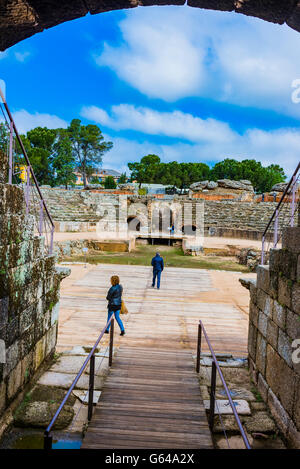 Das Amphitheater von Mérida, Anfiteatro de Mérida, ist ein zerstörten römische Amphitheater befindet sich in die römische Kolonie von Emerita Augusta Stockfoto