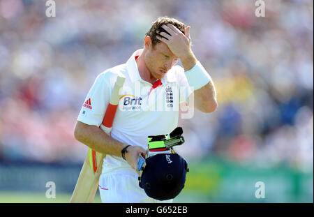 Englands Ian Bell geht los, nachdem er beim zweiten Investec Test Spiel in Headingley, Leeds, von Neuseelands Brendon McCullum erwischt wird. Stockfoto