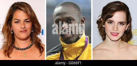 Fotos von (von links) Tracey Emin, Usain Bolt und Emma Watson. Stockfoto