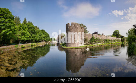 Panorama der äußeren Mauern und Wassergraben des Bischofspalastes in Wells, Somerset, England, UK. Stockfoto