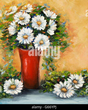 Original Ölgemälde schöne Vase oder Schale mit frischen Gänseblümchen Blumen.  auf Leinwand. Moderne Impressionismus, moderne, marinism Stockfoto