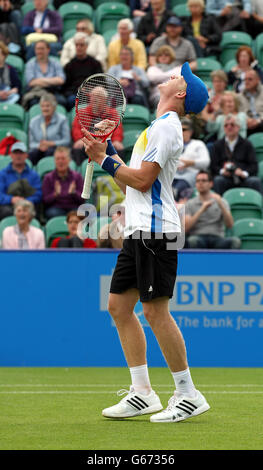 Der britische Kyle Edmund feiert während der AEGON International im Devonshire Park in Eastbourne den Sieg gegen Frankreichs Kenny de Schepper. Stockfoto