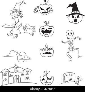 Halloween inmitten Kürbisse Monster Hexe doodle Stock Vektor