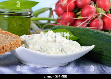 Frühling-Dip mit Radieschen, Zwiebeln, Bärlauch / (Raphanus Sativus Sativus, Allium Cepa) Stockfoto