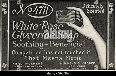 Original alte Vintage American Magazin Anzeige aus der Edwardian Ära datiert 1910. Werbung Werbung 4711 White Rose Glycerin Seife Stockfoto