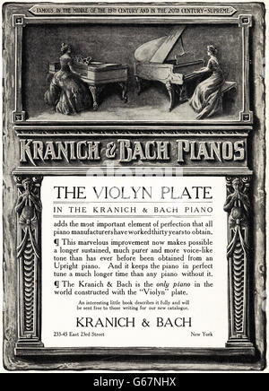 Original alte Vintage American Magazin Anzeige aus der Edwardian Ära datiert 1910. Werbung Werbung der Violyn Platte im Kranich & Bach Klaviere von New York USA Stockfoto