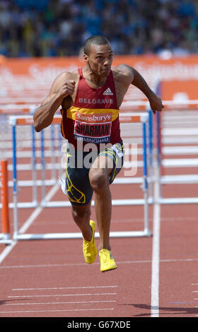 Leichtathletik - Sainsbury's British Championships und World Trials - Tag drei - Alexander Stadium. William Sharman gewinnt die 110-m-Hürden der Herren während der British Championships und der World Trials im Alexander Stadium, Birmingham. Stockfoto