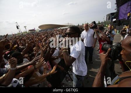 ASAP Rocky auf der Hauptbühne im Yahoo! Wireless Festival, im Queen Elizabeth Olympic Park im Osten Londons. Stockfoto