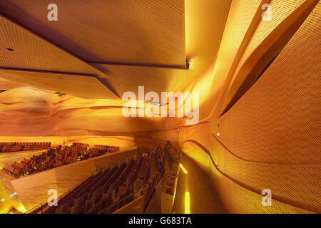 Main Hall, mit gebeiztem Sperrholz Verkleidung und Gips-Welle-Wänden. DR Koncerthuset, Kopenhagen, Dänemark. Architekt: Ateliers Jean Stockfoto