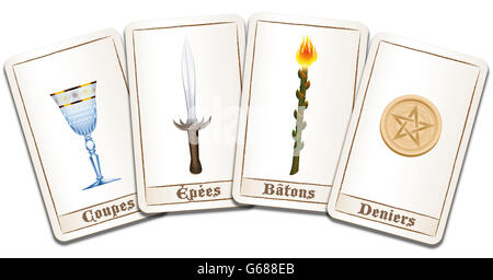 Tarot-Karten - französischen Namen der Symbole: Tassen, Schwerter, Zauberstäbe, Pentakel. Abbildung auf weißem Hintergrund. Stockfoto