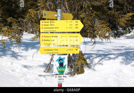 Ein Wegweiser in den Bergen von Filzmoos, Österreich Stockfoto