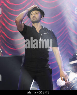 Justin Timberlake auf der Hauptbühne im Yahoo! Wireless Festival, im Queen Elizabeth Olympic Park im Osten Londons. Stockfoto