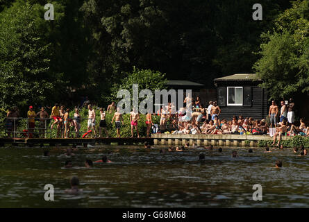 Schwimmer und Sonnenanbeter genießen das heiße Wetter in den gemischten Badeteichen von Hampstead Heath im Norden Londons. DRÜCKEN Sie VERBANDSFOTO. Bilddatum: Freitag, 19. Juli 2013. Bildnachweis sollte lauten: Yui Mok/PA Wire Stockfoto