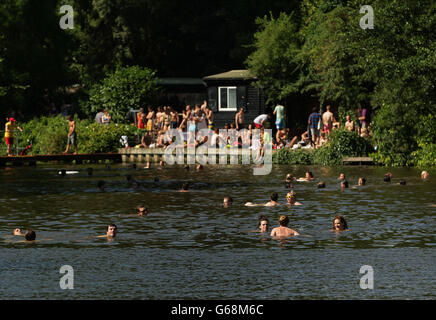 Schwimmer und Sonnenanbeter genießen das heiße Wetter in den gemischten Badeteichen von Hampstead Heath im Norden Londons. Stockfoto