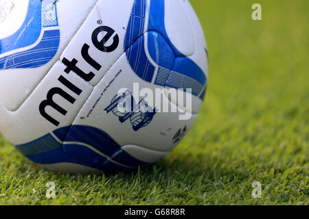 Fußball - vor der Saison freundlich - Shrewsbury Town / Birmingham City - New Meadow. Detail eines Birmingham City Spielballs auf dem Spielfeld Stockfoto