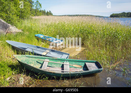 Kleine Ruderboote lag an der Küste noch See im Schilf Stockfoto