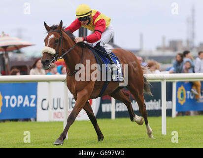 Jockey Colin Keane feiert den Gewinn des Topaz Mile Handicap auf Brendan Brackan am zweiten Tag des Galway Summer Festival 2013 auf der Galway Racecourse, Ballybrit, Irland. Stockfoto