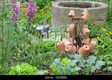 Tontöpfe für Dekoration im Gemüsegarten Stockfoto