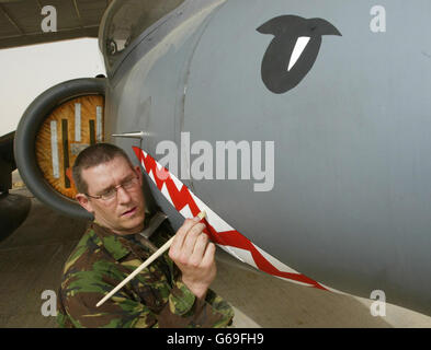 CPL Adrian Bland malt Haie Zähne und Augen auf einen britischen Royal Air Force Harrier GR7, da schlechtes Wetter das Fliegen von ihrer Basis in Kuwait verhindert. * Dies ist das erste Mal, dass ein britischer Harrier GR7 auf diese Weise lackiert wurde, wobei Flugzeuge nur in Zeiten tatsächlicher Konflikte so dekoriert werden. Stockfoto