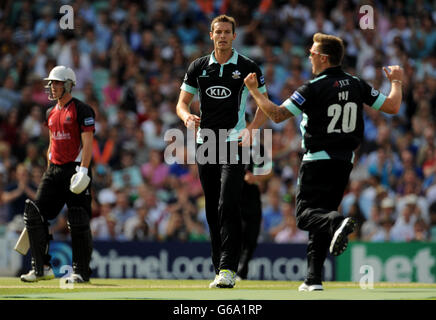 Cricket - Friends Life T20 - Viertelfinale - Surrey V Somerset - The Kia Oval. Surreys Chris Tremlett (Mitte) feiert mit Jason Roy (rechts), nachdem er das Dickicht von Somerset's Chris Jones genommen hat. Stockfoto