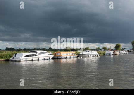 Cruiser Boote vertäut am Wroxham in den Norfolk Broads National Park Norfolk UK Stockfoto