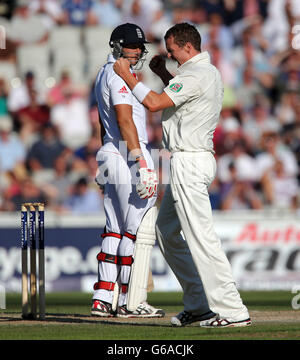 Australien Bowler Peter Siddle feiert Wicket von England Batsman Tim Bresnan für 1 während Tag zwei des dritten Investec Ashes Test Match am Old Trafford Cricket Ground, Manchester. Stockfoto