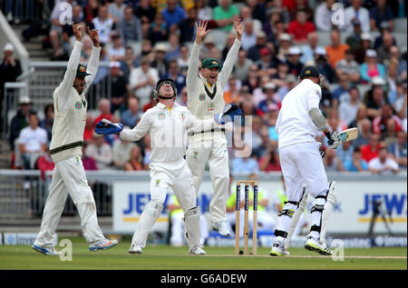 England Batsman Stuart Broad ist für 32 gefangen von Brad Haddin aus Spin Bowler Nathan Lyon als Kapitän Michael Clarke schließt sich der Feier , während Tag vier des dritten Investec Ashes Testspiel im Old Trafford Cricket Ground, Manchester. Stockfoto