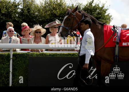 Pferderennen - 2013 Glorious Goodwood Festival - Tag Vier - Goodwood Racecourse. Am vierten Tag des glorreichen Goodwood Festival 2013 auf der Goodwood Racecourse beobachten Rennfahrer Pferde im Vorparadenring Stockfoto