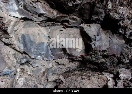 Höhlenmalereien Sie, Lava Beds National Monument, Kalifornien, USA Stockfoto