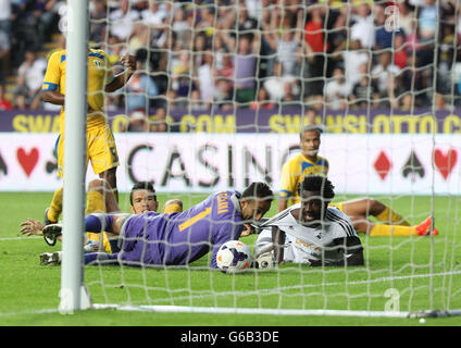 Der Wilfried Bony von Swansea City erzielt das vierte Tor gegen Petrolul Ploiesti Torwart Peterson Dos Santos, während der Ball während des UEFA Europa League Qualifying Play-Off, First Leg im Liberty Stadium, Swansea, über die Linie rollt. Stockfoto