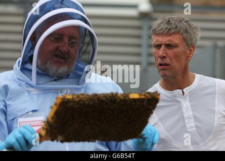 Mark Berry, alias Bez, ehemaliges Mitglied der Manchester-Band The Happy Mondays, rechts, sieht zu, wie der Imker Adrian Rhodes während einer Fotozelle in der Druckerei im Stadtzentrum von Manchester ein Tablett mit Honigbienen hält. Stockfoto