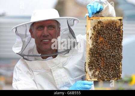 Mark Berry, alias Bez, ehemaliges Mitglied der Manchester-Band The Happy Mondays, hält während einer Fotozelle in der Druckerei im Stadtzentrum von Manchester ein Tablett mit Honigbienen. Stockfoto