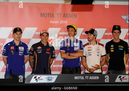 MOTUL TT Assen. 23. Juni 2016. Assen, Niederlande. TT Circuit Assen. Jorge Lorenzo, Marc Marquez, Valentino Rossi, Cal Crutchlow und Alex Rins während der Pressekonferenz. © Aktion Plus Sport/Alamy Live-Nachrichten Stockfoto