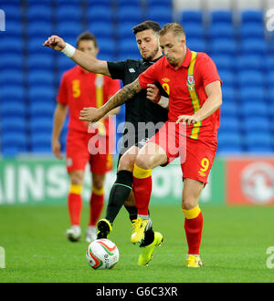 Shane Long (links) und Jack Collison (rechts) der Republik Irland kämpfen beim Internationalen Freundschaftsspiel im Cardiff City Stadium um den Ball. Stockfoto