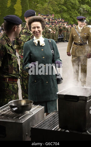 Die Prinzessin Royal teilt einen Witz mit Sergeant Andy Collinson auf einer Catering-Ausstellung während eines Besuchs in Deepcut Barracks in Surrey, um den 10. Jahrestag der Royal Logistics Corp in ihrer Rolle als Oberst-in-Chief zu feiern. * als die Prinzessin in der Kaserne ankam, protestierten Verwandte von Soldaten, die während ihres Diensts in der Kaserne gestorben waren, zum Zeitpunkt ihres Besuchs, da die Polizei von Surrey die Beweise für den Tod von vier Privatmännern, die alle an Schussverletzungen starben, erneut prüft. Stockfoto