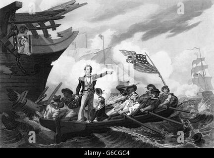 SEPTEMBER 1813 MASTER KOMMANDANT OLIVER HAZARD PERRY ÜBERTRAGUNG VON USS LAWRENCE AUF USS NIAGARA SCHLACHT ERIESEE KRIEG VON 1812 Stockfoto