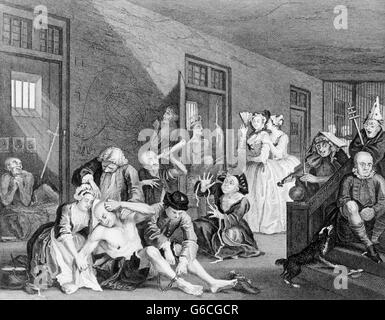 1730ER JAHRE IRRENHAUS 18. JAHRHUNDERT BEDLAM IRRENANSTALT AUS EINEM GEMÄLDE VON WILLIAM HOGARTH CA. 1735 Stockfoto