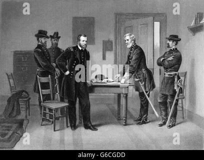 1860ER JAHREN APRIL 1865 GENERAL ROBERT E LEE KAPITULIERT, ULYSSES S GRANT AMERIKANISCHER BÜRGERKRIEG BEI APPOMATTOX COURT HOUSE VA USA Stockfoto