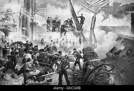 1860ER JAHRE 5. AUGUST 1864 KONTERADMIRAL DAVID G FARRAGUT WÄHREND DER SCHLACHT MOBILE BAY AUS GEMÄLDE VON W.H.OVEREND Stockfoto