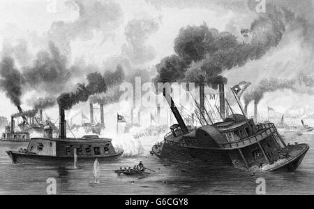 1860ER JAHRE JUNI 1863 SCHLACHT DER RAMS MARINE ANGRIFF DAMPFSCHIFFE AM MISSISSIPPI RIVER WÄHREND SCHLACHT VON MEMPHIS Stockfoto