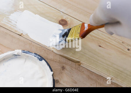 Malerei Holz Bretter außerhalb mit weißer Farbe oder weiß farbigen Emulsion mit 2 Zoll Pinsel malen. DIY-außen-Projekt Stockfoto