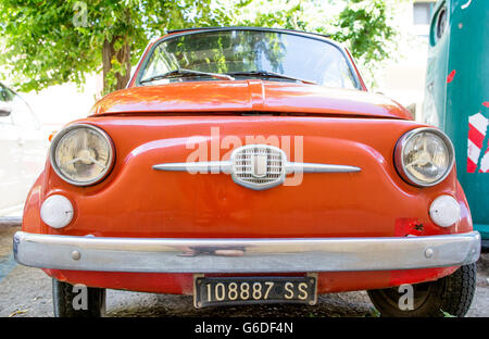 Eine klassische Fiat 500 unter einem Baum-Alghero-Sardinien-Italien Stockfoto